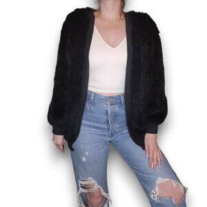 Adrienne Landau Open Front Black Rabbit Fur Jacket